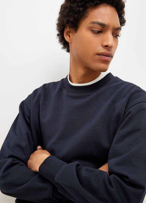 Men's Liu Jo Crew Neck Sweaters Dark Blue | PHN-831576