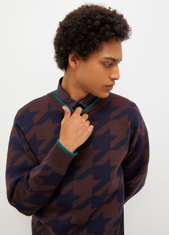 Men's Liu Jo Houndstooth Sweaters Dark Blue / Brown | FPR-095137