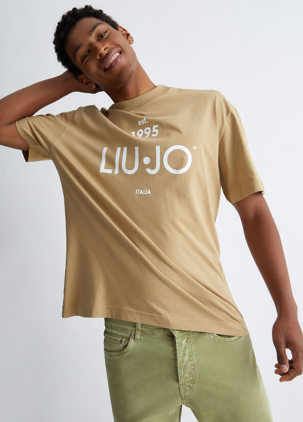 Men\'s Liu Jo With Logo T Shirts Beige | HUO-689725