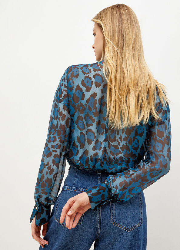 Women's Liu Jo Animal-Print Chiffon Blouse Shirts Blue | GOL-905178