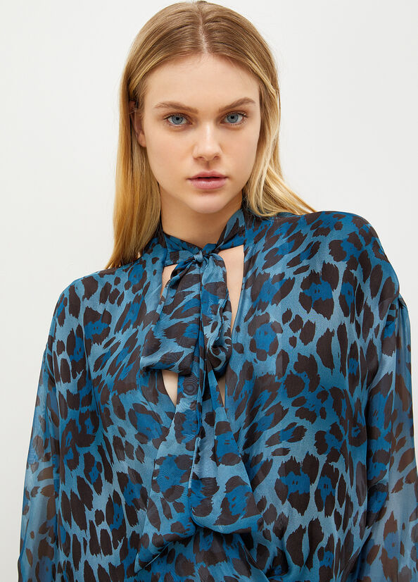 Women's Liu Jo Animal-Print Chiffon Blouse Shirts Blue | GOL-905178