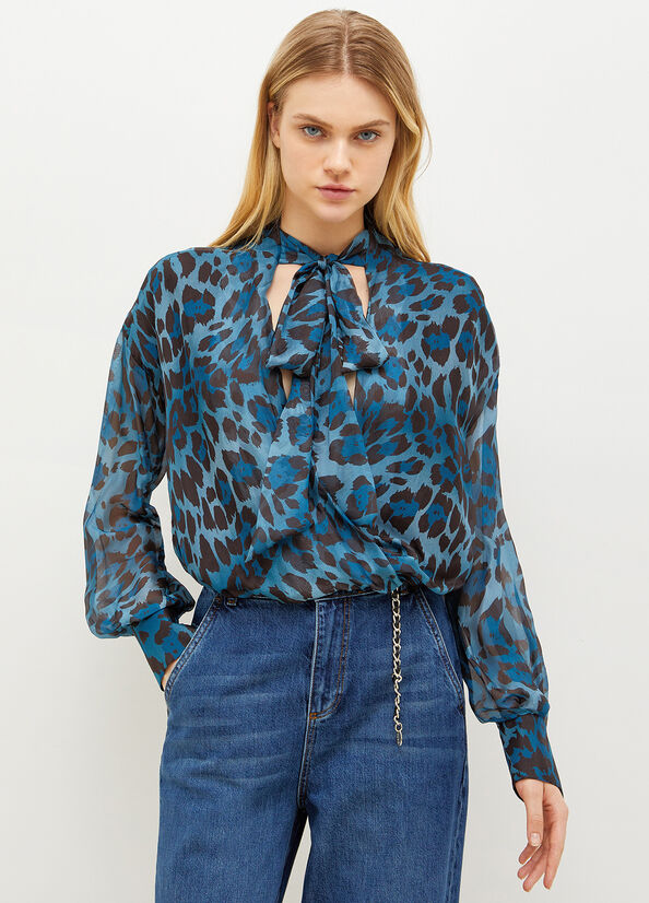 Women\'s Liu Jo Animal-Print Chiffon Blouse Shirts Blue | GOL-905178