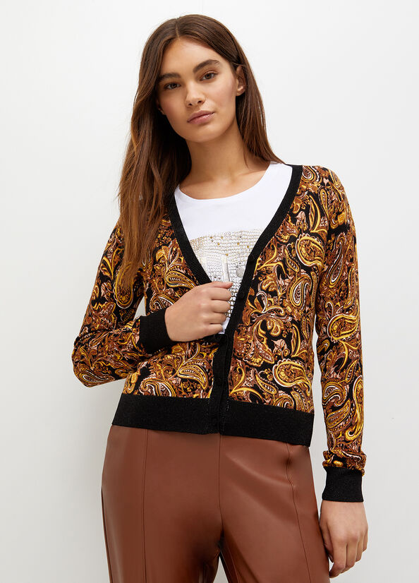 Women\'s Liu Jo Cardigan With Paisley Print Sweaters Black / Yellow | UWT-832504