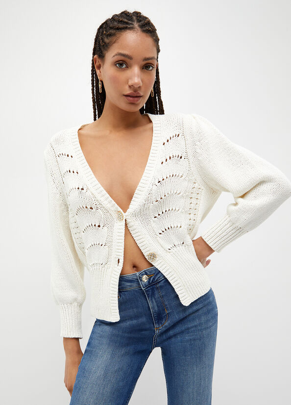 Women\'s Liu Jo Cotton Crochet Cardigan Sweaters White | HCT-402159