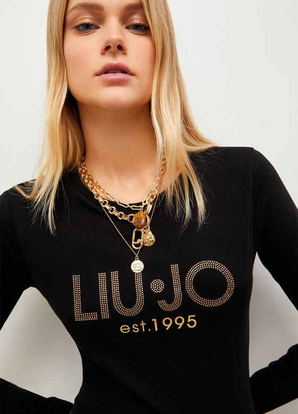 Women's Liu Jo Cotton With Logo T Shirts Black | QYG-213459