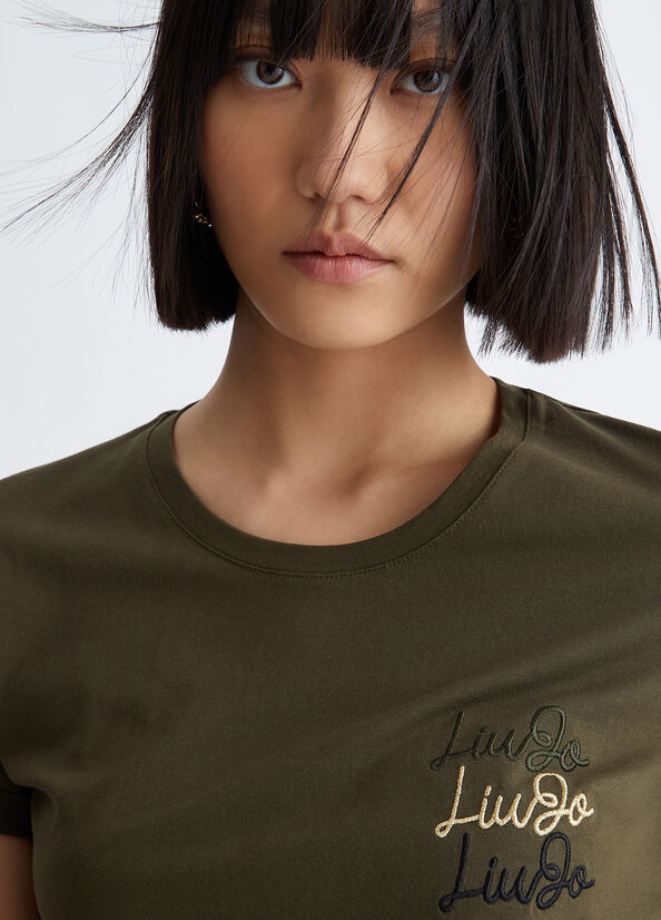 Women's Liu Jo Cotton With Logo Tops Olive | LRB-046397