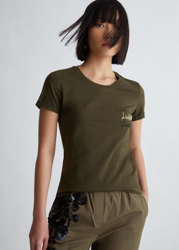 Women\'s Liu Jo Cotton With Logo Tops Olive | LRB-046397