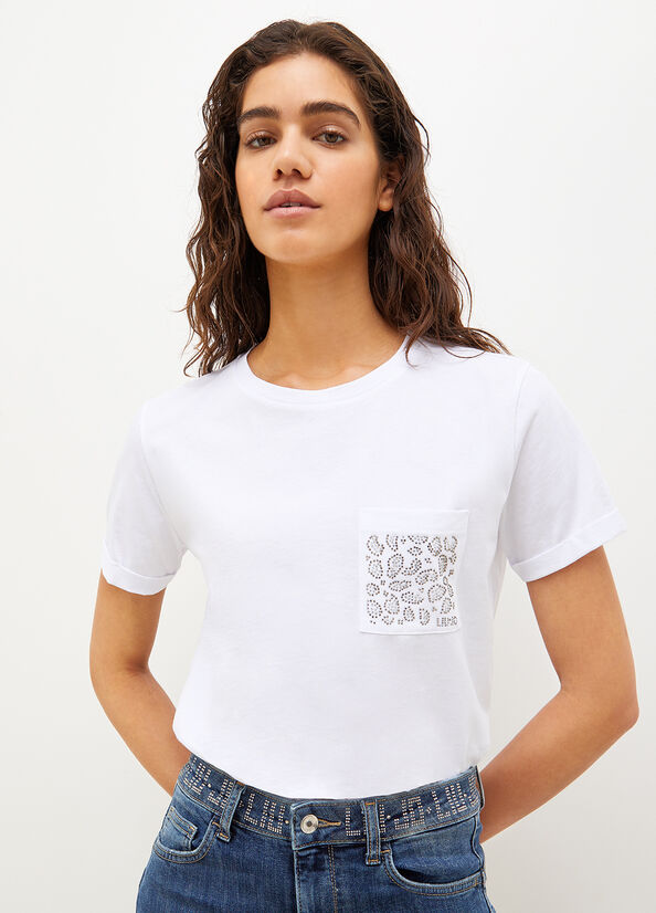 Women's Liu Jo Cotton With Rhinestones T Shirts White | KBW-058431