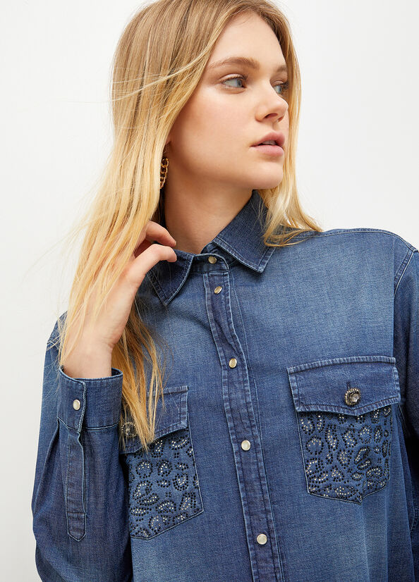 Women's Liu Jo Denim With Gemstones Shirts Blue | GEY-638721