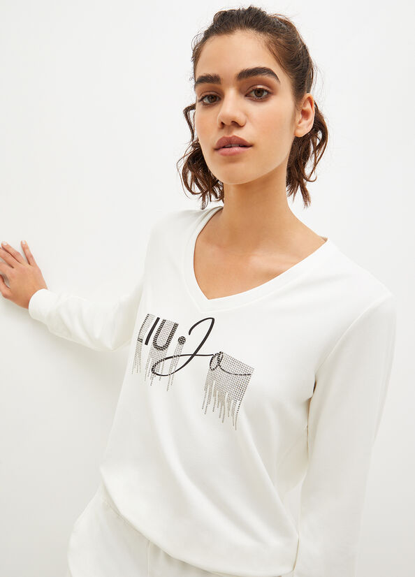 Women's Liu Jo Eco-Friendly With Logo And Gemstones Sweatshirts White | DLX-321857