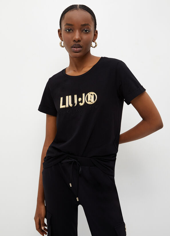 Women\'s Liu Jo Eco-Friendly With Logo T Shirts Black | QKI-764180