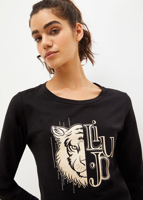 Women's Liu Jo Eco-Friendly With Print And Gemstones T Shirts Black | ONH-710836