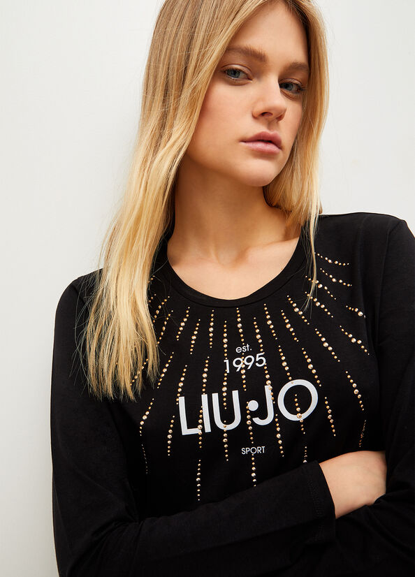 Women's Liu Jo Eco-Friendly With Studs And Logo T Shirts Black | ETQ-312968