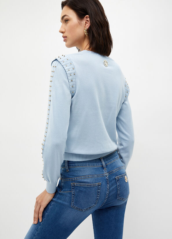 Women's Liu Jo Eco-Friendly With Studs Sweaters Light Blue | GQH-173806