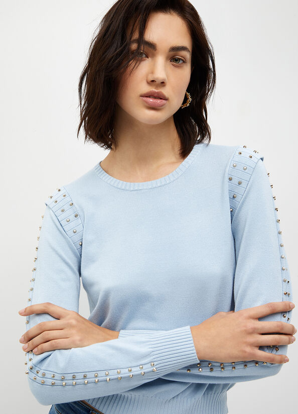 Women's Liu Jo Eco-Friendly With Studs Sweaters Light Blue | GQH-173806