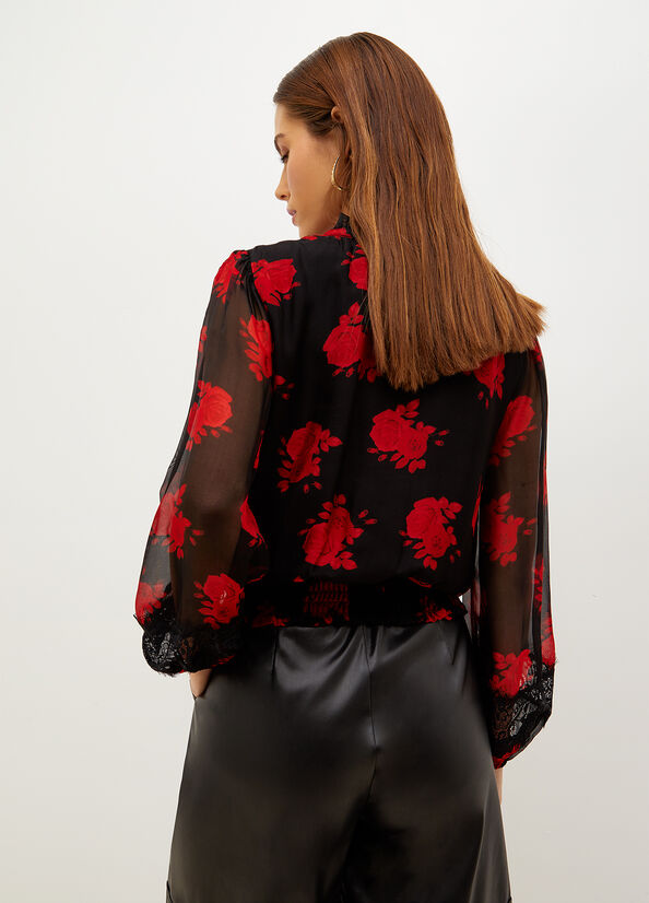 Women's Liu Jo Floral Chiffon Blouse Shirts Black / Red | RJN-059468