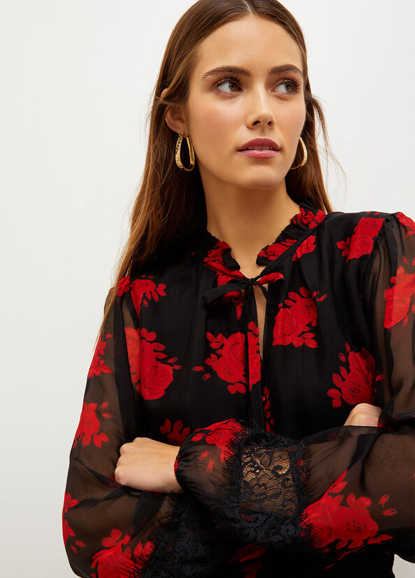 Women's Liu Jo Floral Chiffon Blouse Shirts Black / Red | RJN-059468