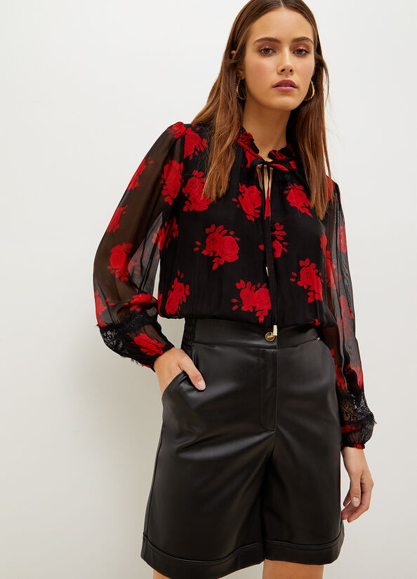 Women\'s Liu Jo Floral Chiffon Blouse Shirts Black / Red | RJN-059468