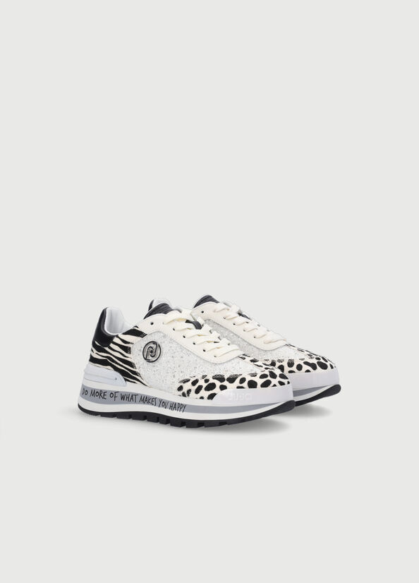 Women's Liu Jo Glitter With Animal-Print Sneakers White / Black | QKE-537068