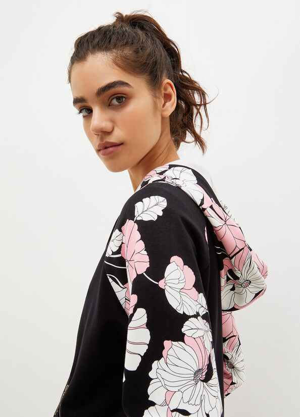 Women's Liu Jo Hooded With Floral Print Sweatshirts Black | BDH-154279