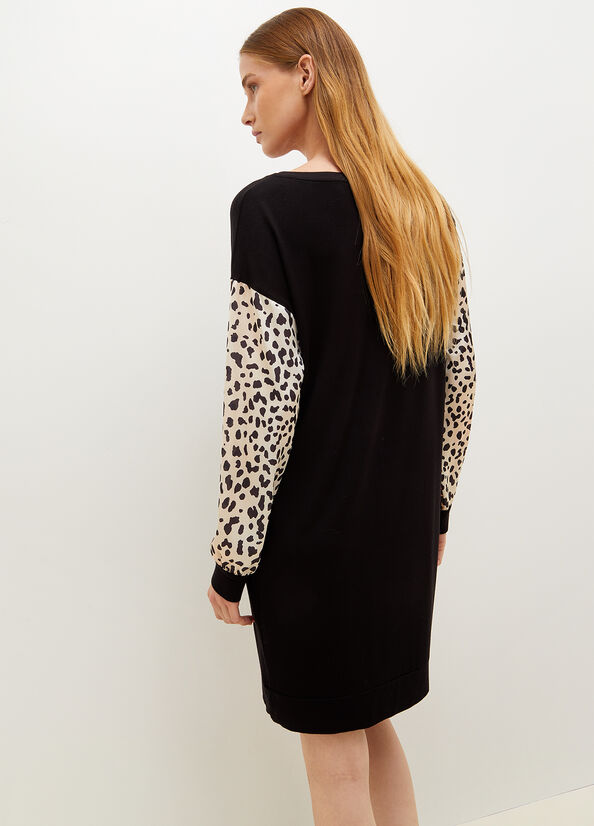 Women's Liu Jo Jersey With Animal Print And Logo Dress Black | HDJ-627481