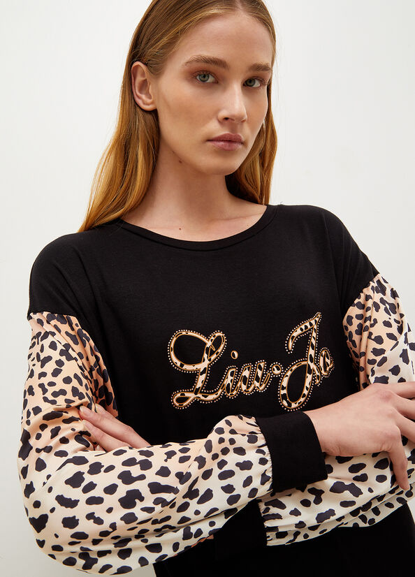 Women's Liu Jo Jersey With Animal Print And Logo Dress Black | HDJ-627481