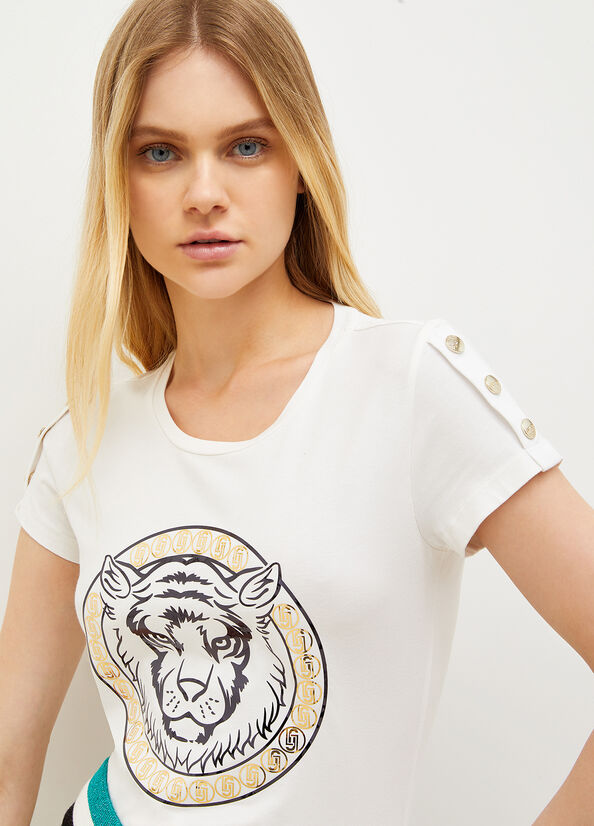 Women's Liu Jo Jersey With Lion T Shirts White | DOQ-614590