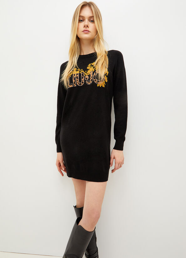 Women\'s Liu Jo Knit With Logo Dress Black / Yellow | YSL-651378