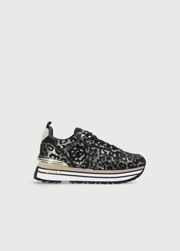 Women's Liu Jo Laminated Animal-Print Platform Sneakers Black / Gold | HOT-684037