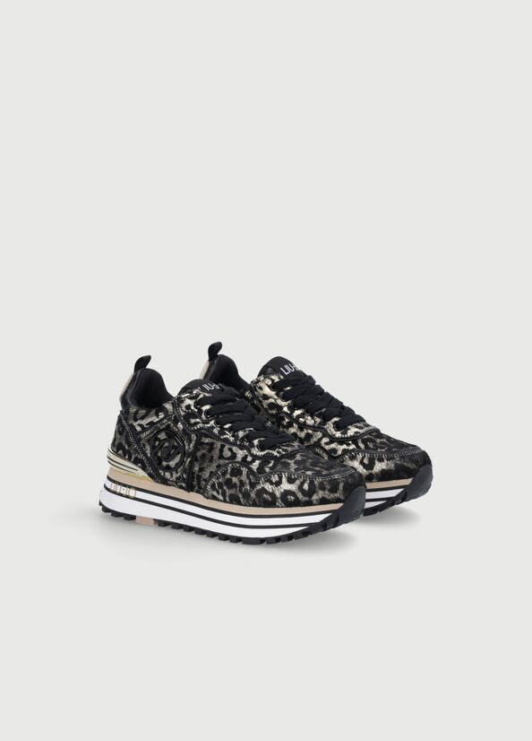 Women's Liu Jo Laminated Animal-Print Platform Sneakers Black / Gold | HOT-684037