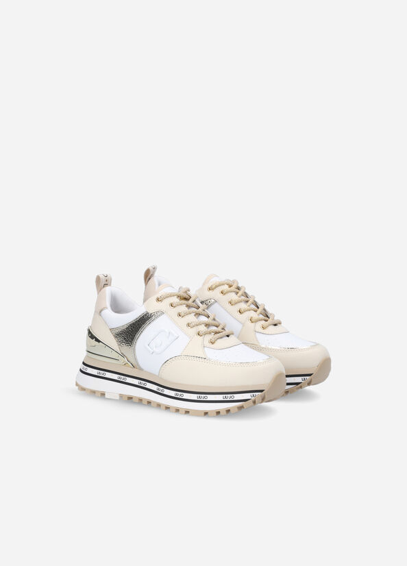 Women's Liu Jo Leather And Crackle Sneakers Gold | VFK-825347