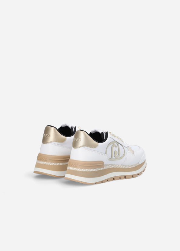 Women's Liu Jo Leather And Nylon Sneakers White / Gold | LXJ-862940