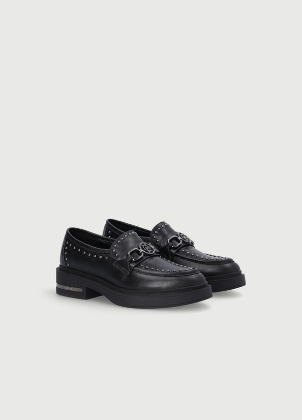 Women's Liu Jo Leather Moccasins With Studs Flat Shoes Black | YTJ-698417