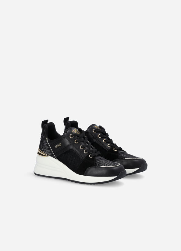 Women's Liu Jo Leather With Wedge Sneakers Black | PTI-274931