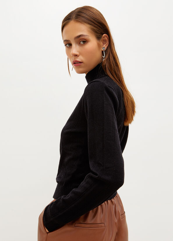 Women's Liu Jo Mock Turtleneck With Penwork Pattern Sweaters Black | ATE-416873