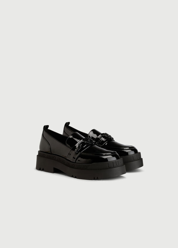 Women's Liu Jo Platform Moccasins In Patent Leather Flat Shoes Black | HLT-815760