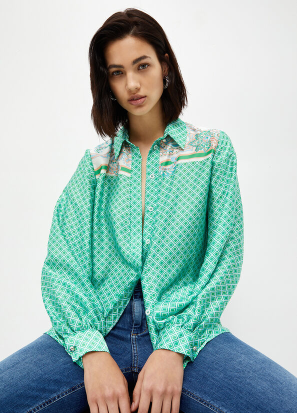 Women's Liu Jo Printed Satin Shirts Light Turquoise | ADK-516290