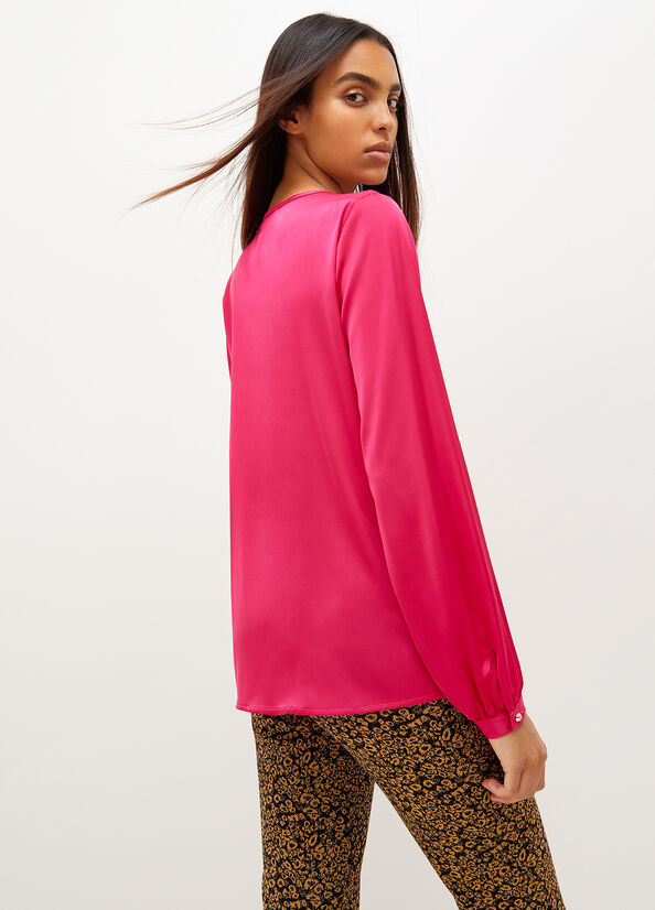 Women's Liu Jo Satin Blouse With Jewel Logo Shirts Fuchsia | QHO-908361