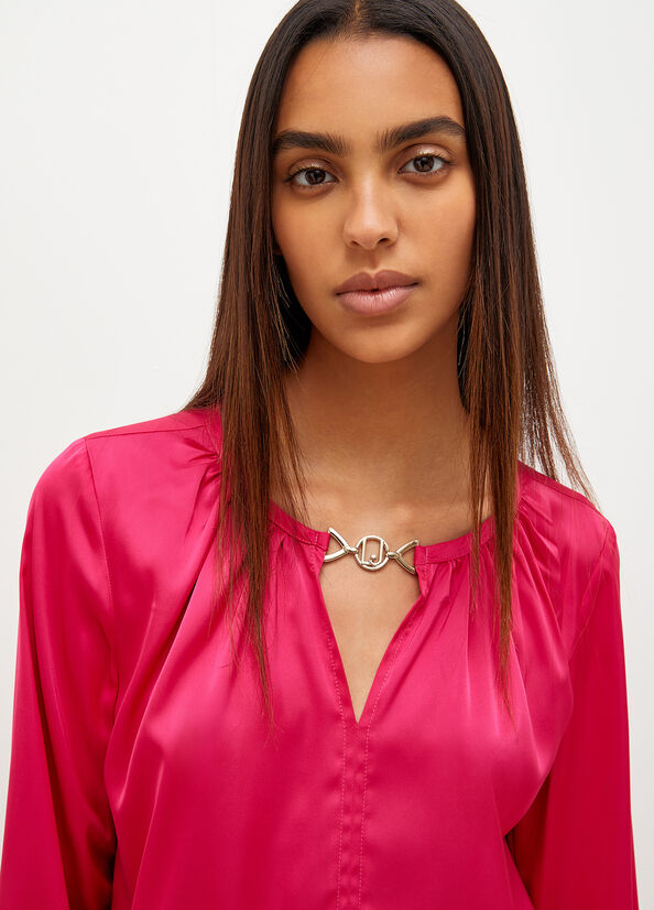 Women's Liu Jo Satin Blouse With Jewel Logo Shirts Fuchsia | QHO-908361