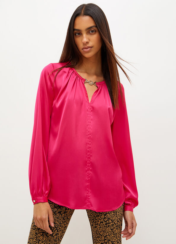 Women\'s Liu Jo Satin Blouse With Jewel Logo Shirts Fuchsia | QHO-908361