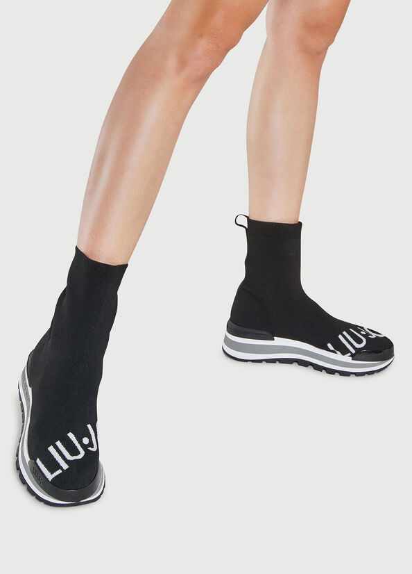 Women\'s Liu Jo Sock With Logo Sneakers Black | JZK-159864