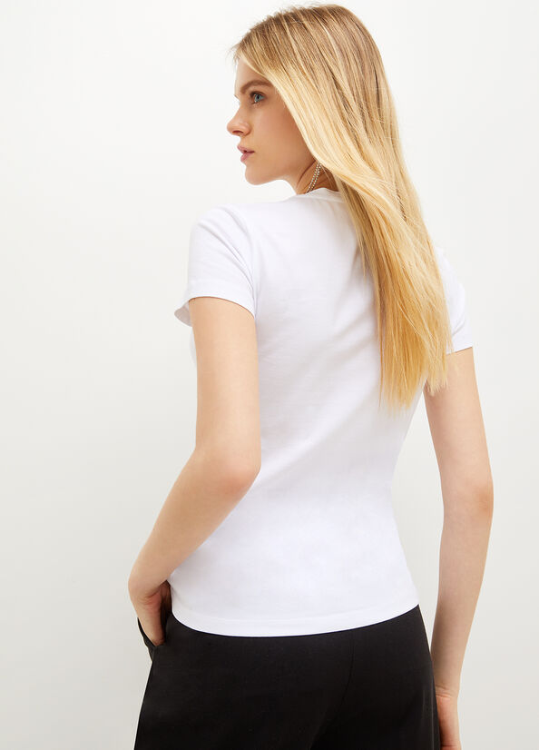 Women's Liu Jo Stretch Cotton With Logo T Shirts White | RAG-136724