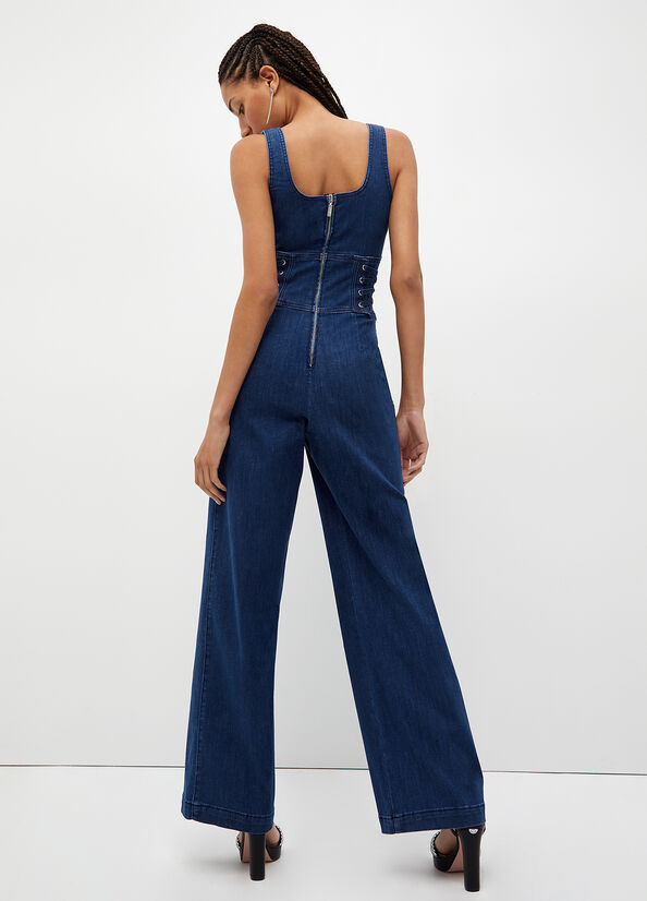 Women's Liu Jo Stretch Denim Jumpsuit Straight-Fit Jeans Blue | XZI-584270