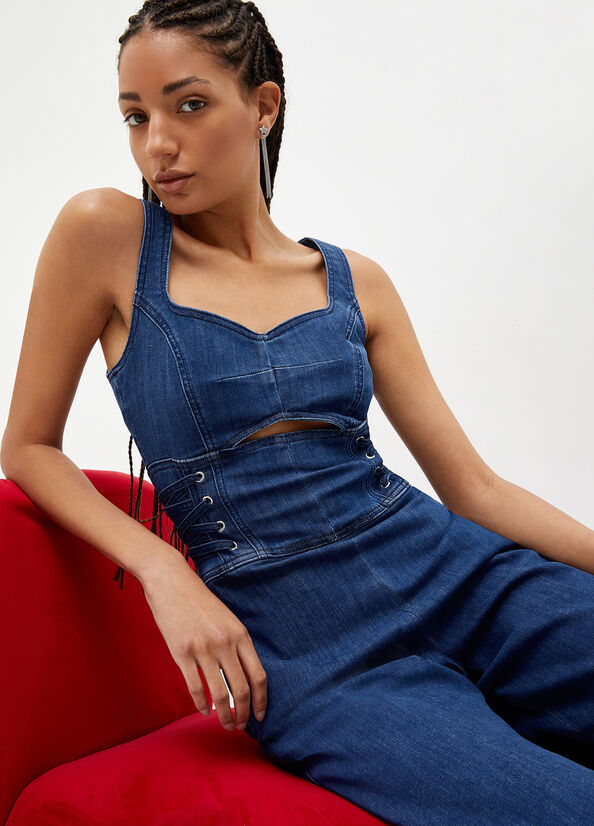 Women's Liu Jo Stretch Denim Jumpsuit Straight-Fit Jeans Blue | XZI-584270