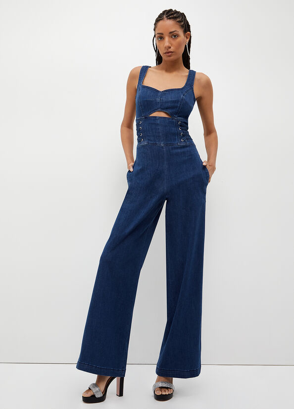 Women\'s Liu Jo Stretch Denim Jumpsuit Straight-Fit Jeans Blue | XZI-584270