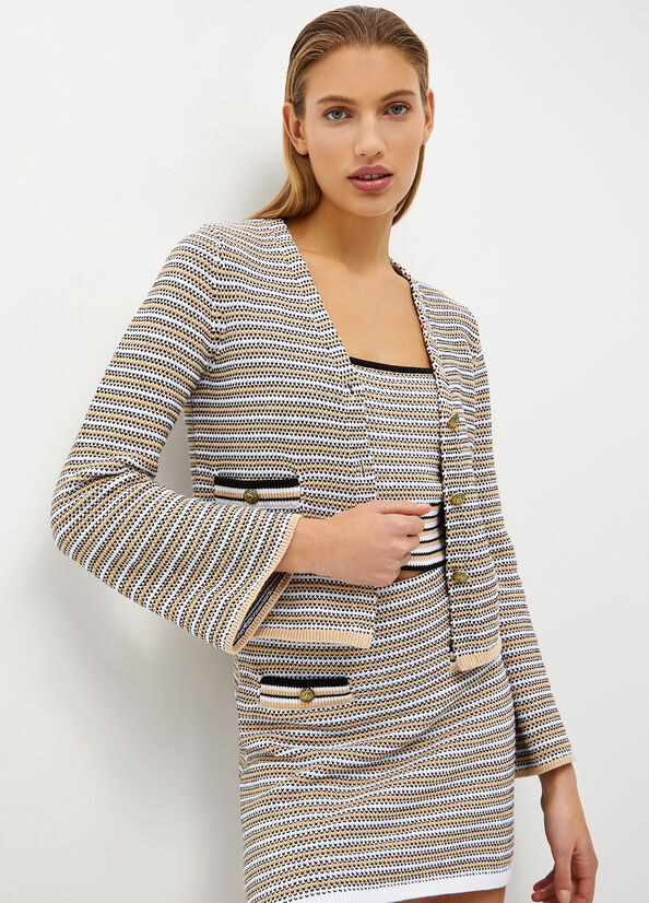 Women\'s Liu Jo Striped Crochet Cardigan Sweaters Beige | RNX-549617