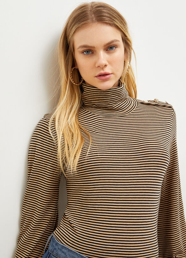 Women's Liu Jo Striped Turtleneck T Shirts Brown | GZP-819502