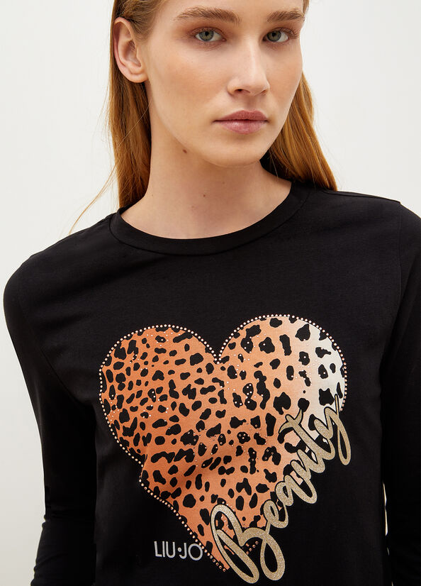 Women's Liu Jo With Animal-Print Heart T Shirts Black | GXB-476932