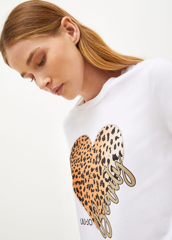 Women's Liu Jo With Animal-Print Heart T Shirts White | RLK-243980