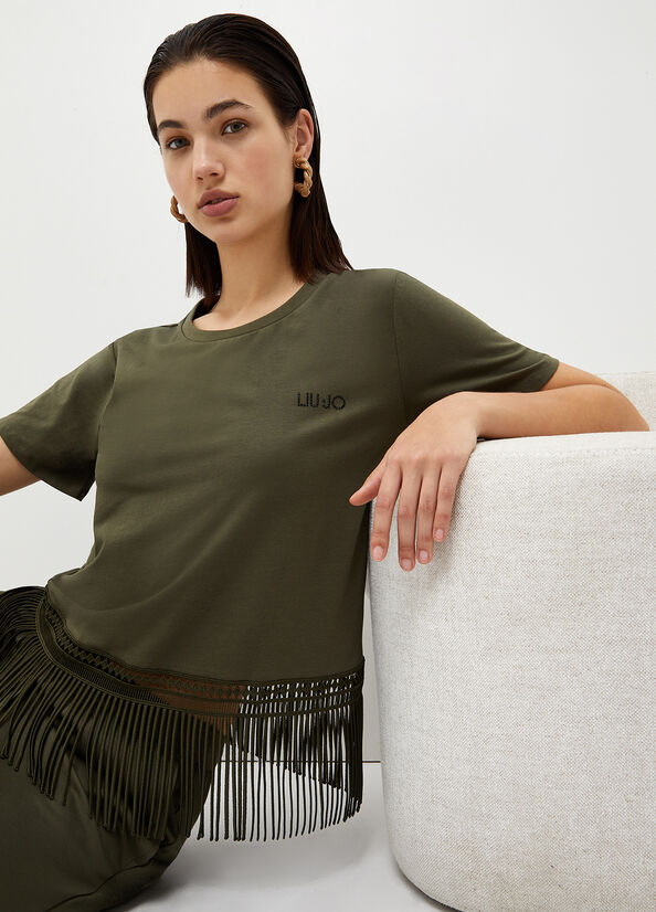 Women's Liu Jo With Fringes T Shirts Olive | WEK-419280